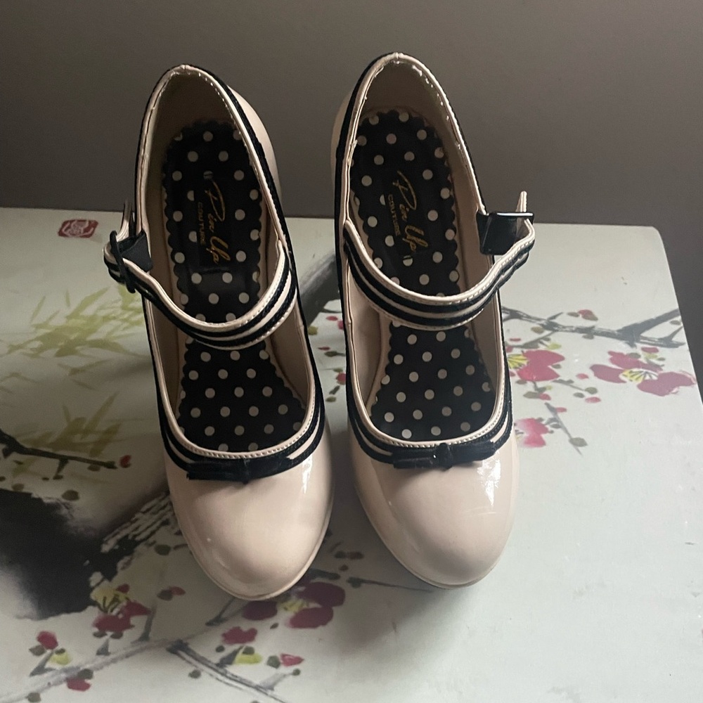 Pinup Couture Cream and Black MarJane Heels with Ankle Strap
